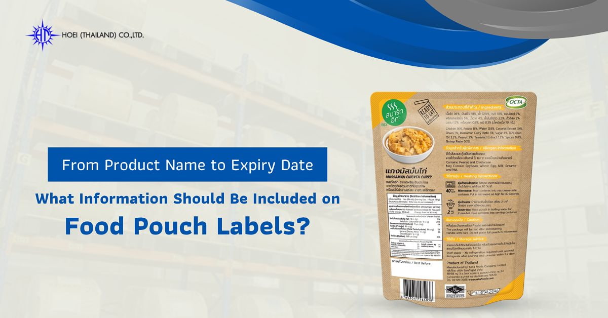 Food pouch label showing product name, ingredients, nutrition information, allergen details and expiry date
