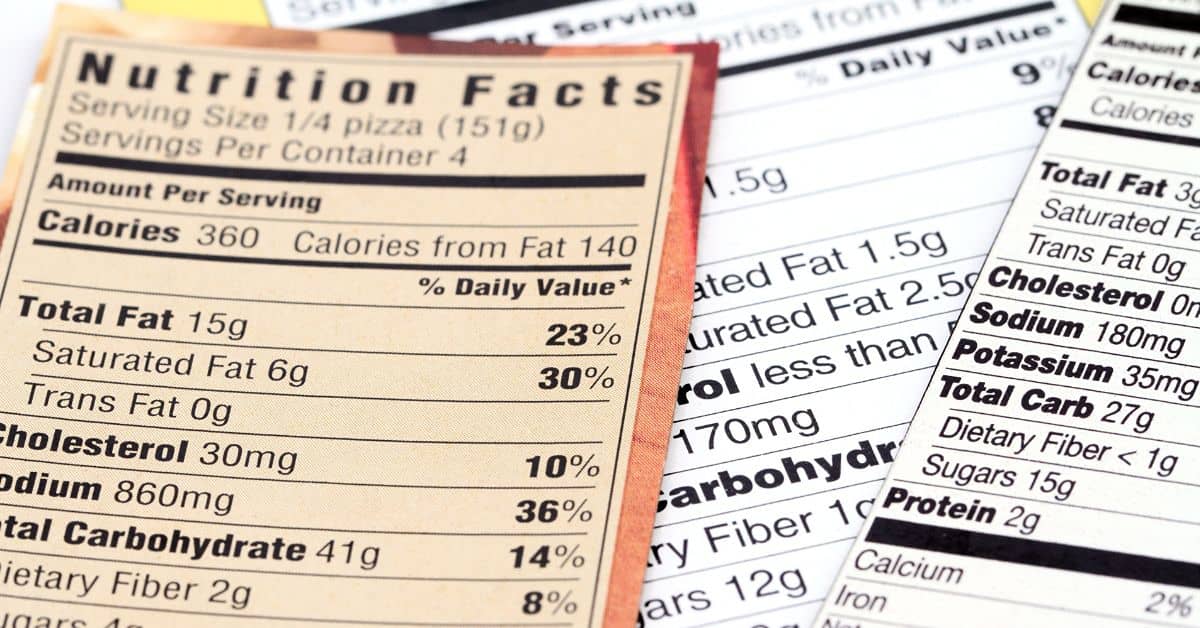 Nutrition Facts labels showing serving size, calories, fat, sodium, carbohydrates and protein information