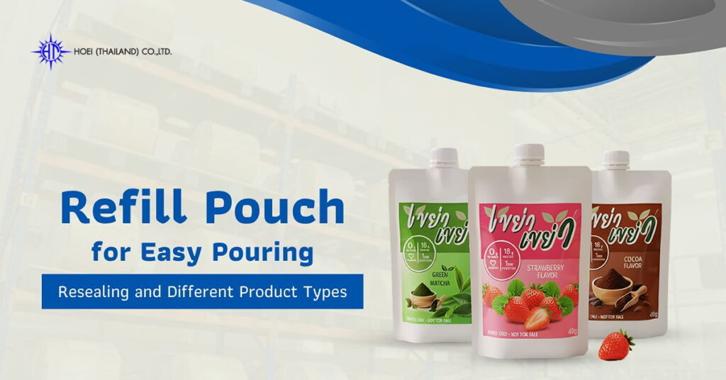 Refill Pouch packaging with green matcha, strawberry, and cocoa-flavoured pouches, featuring resealable caps for easy pouring and storage.