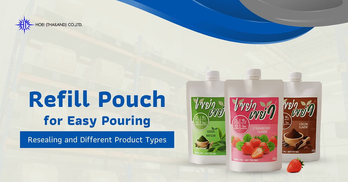 Refill Pouch packaging with green matcha, strawberry, and cocoa-flavoured pouches, featuring resealable caps for easy pouring and storage.